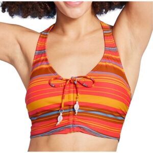 NEW Wild Fable Drawstring Ruched Halter Longline Red Striped Bikini Top S